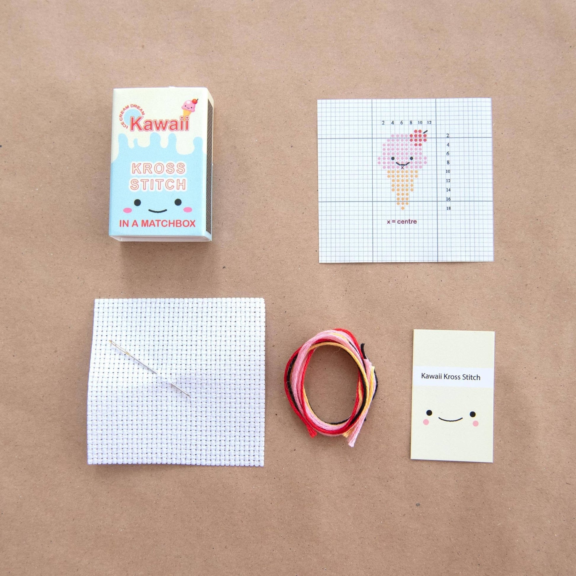 Kawaii Ice Cream Mini Cross Stitch Kit In A Matchbox - homesewn