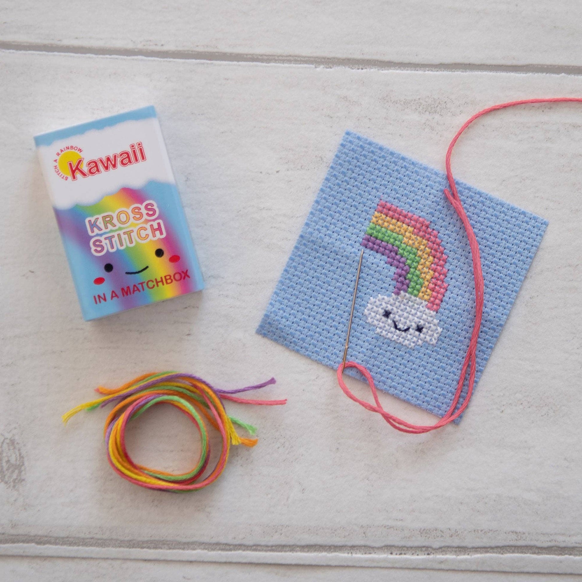 Kawaii Rainbow Cloud Mini Cross Stitch Kit In A Matchbox - homesewn