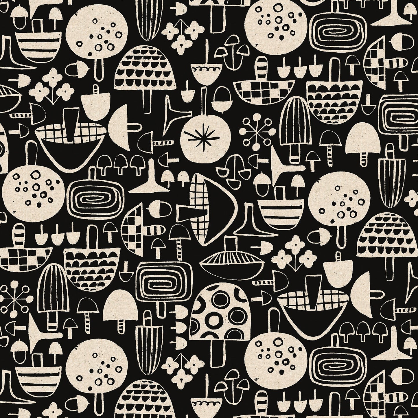 Omatsuri Nakama - Kinoko Ippai - Black Unbleached - Cotton Canvas Fabric - homesewn