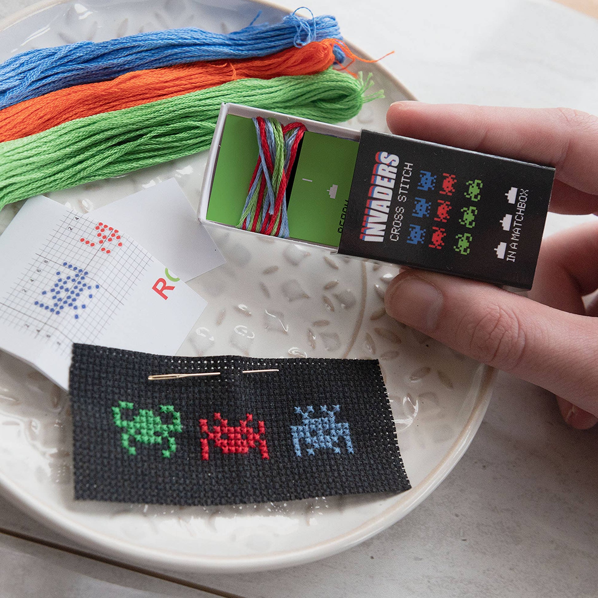 RGB Invaders Mini Cross Stitch Kit In A Matchbox - homesewn