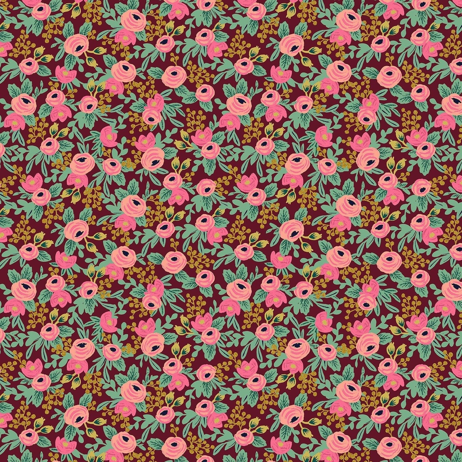 Rifle Paper Co. Garden Party - Rosa - Burgundy Metallic Fabric - homesewn